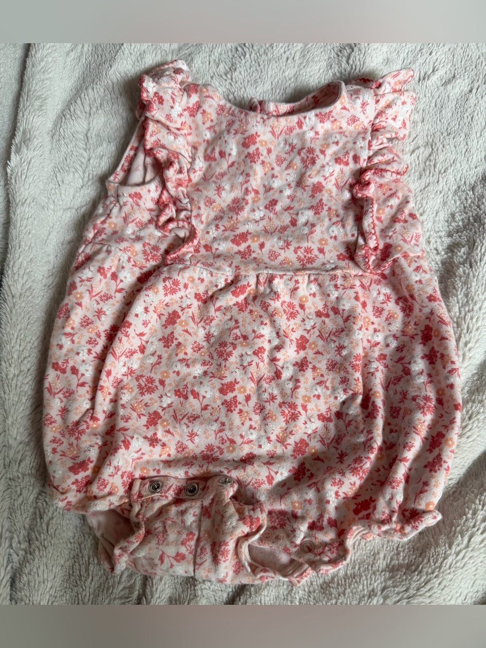 Vintage Janie and Jack Pink and Coral Floral Ruffle Baby One-Piece Romper